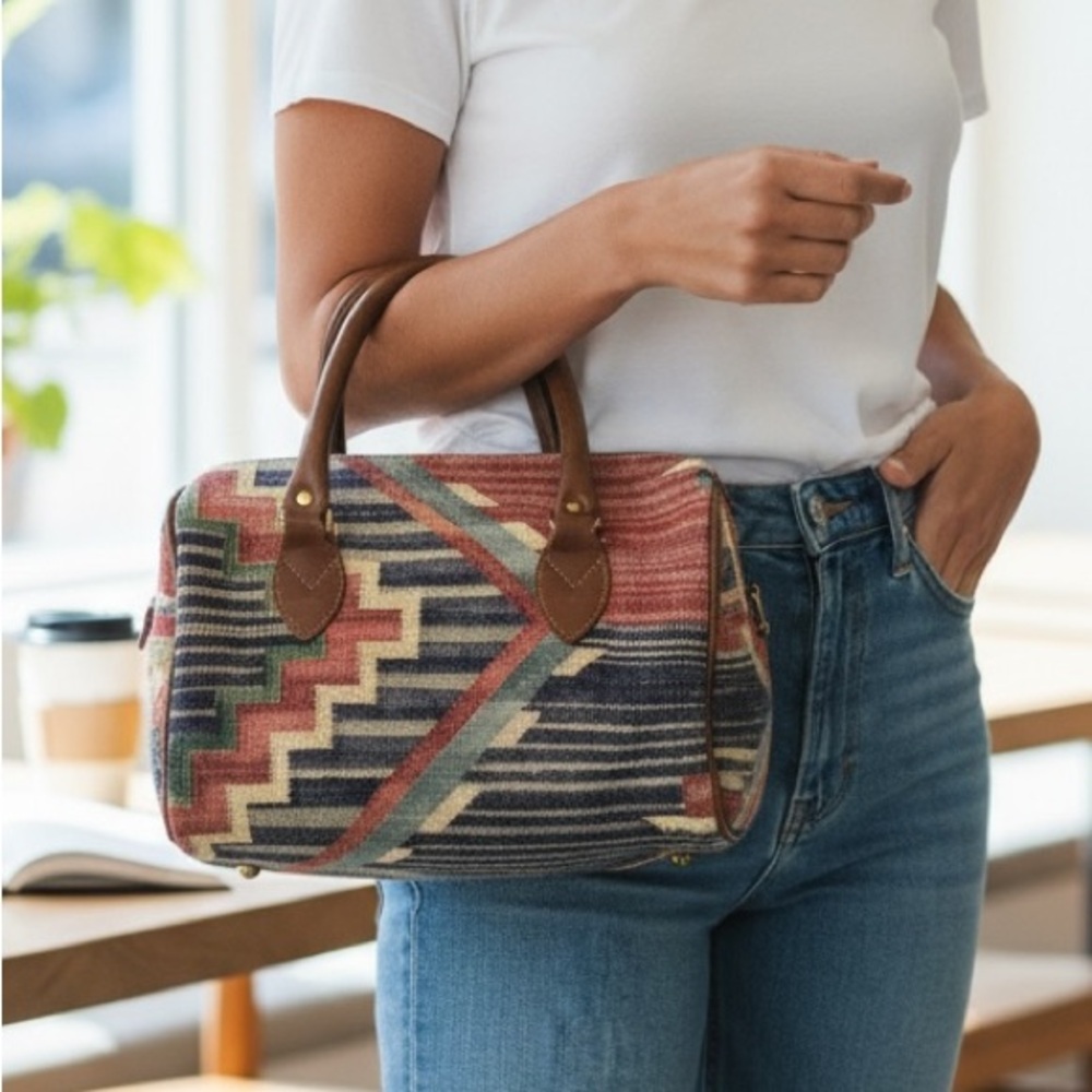 VINTAGE LEATHER TRIM SOUTHWESTERN BARREL BAG